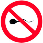 Piirros mustasta siittiöstä valkoista taustaa vasten. Siittiön pääsy on kielletty kuin liikennekyltillä ikään.